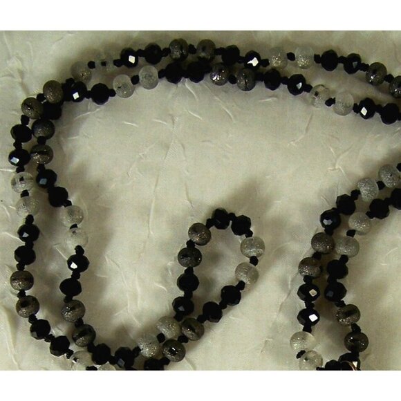 Faceted Teardrop Glass Pendant Long Line Necklace Frosted Gray Black Beads Knots - Picture 3 of 6